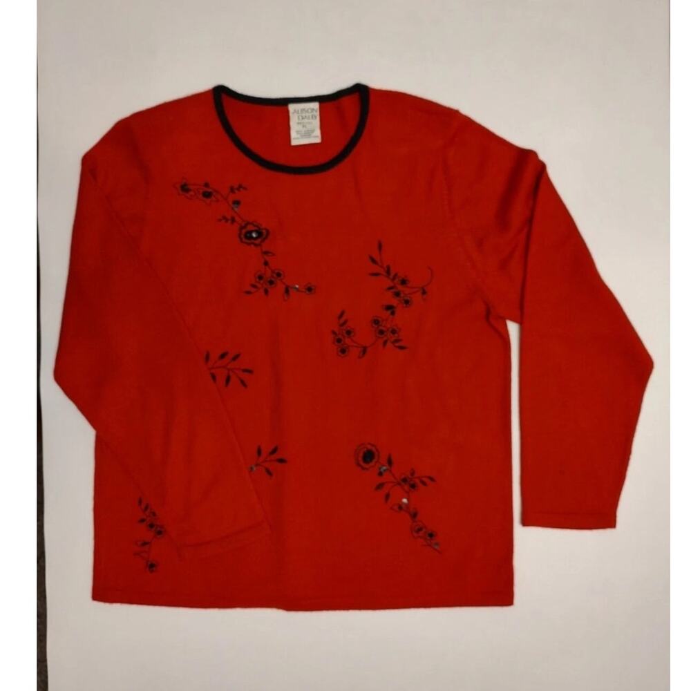 Allison Daley Petites Size PL Womens Red with Black Flowers Long Sleeve Pullover